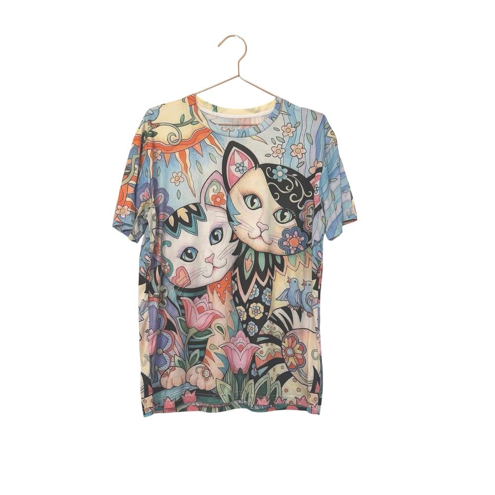 Women's colorful floral cat print short sleeve top check measurements